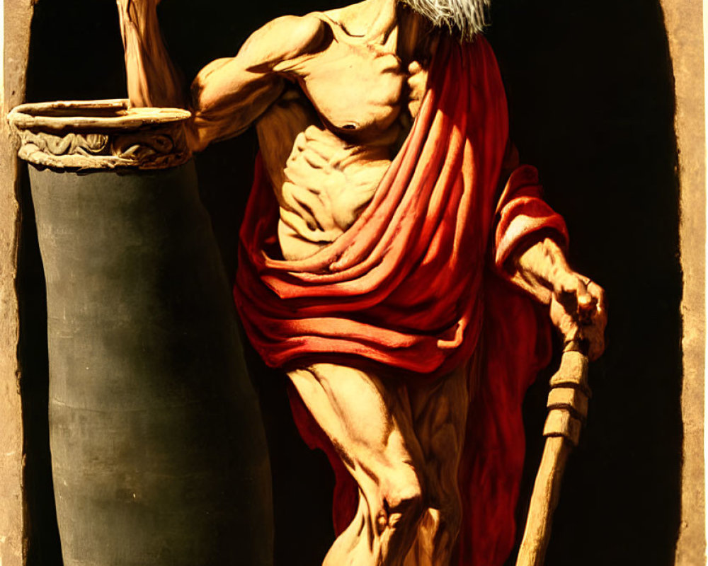 Elderly muscular figure with flowing beard holding staff in alcove