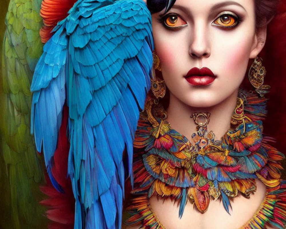 Woman adorned with vibrant parrot-themed makeup and jewelry, accompanied by a blue and red macaw.
