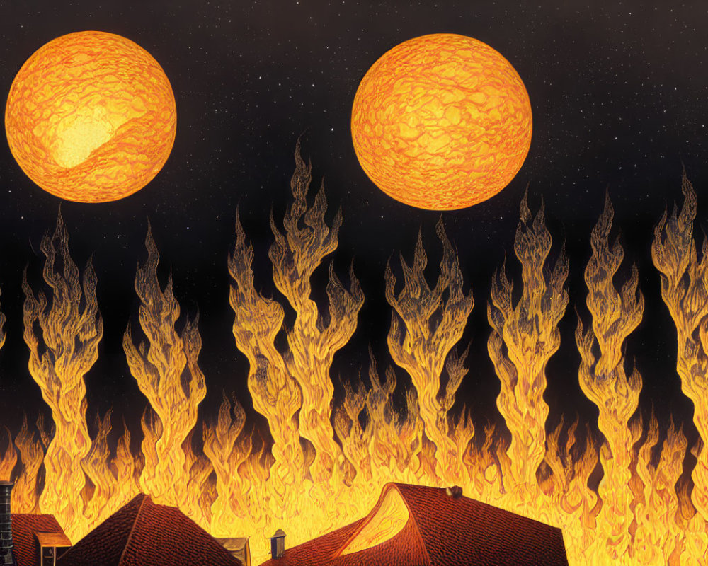 Fiery orbs in starry sky above silhouetted rooftops.