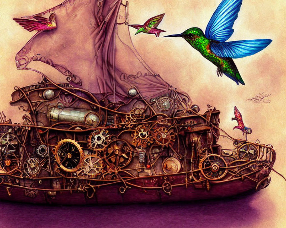Steampunk-style ship with intricate gears, vibrant hummingbird, and mechanical birds