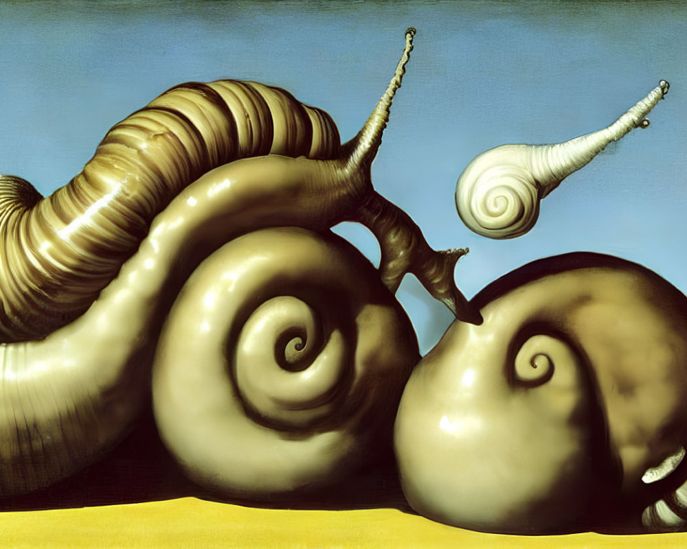 Surreal painting: oversized snails against blue sky