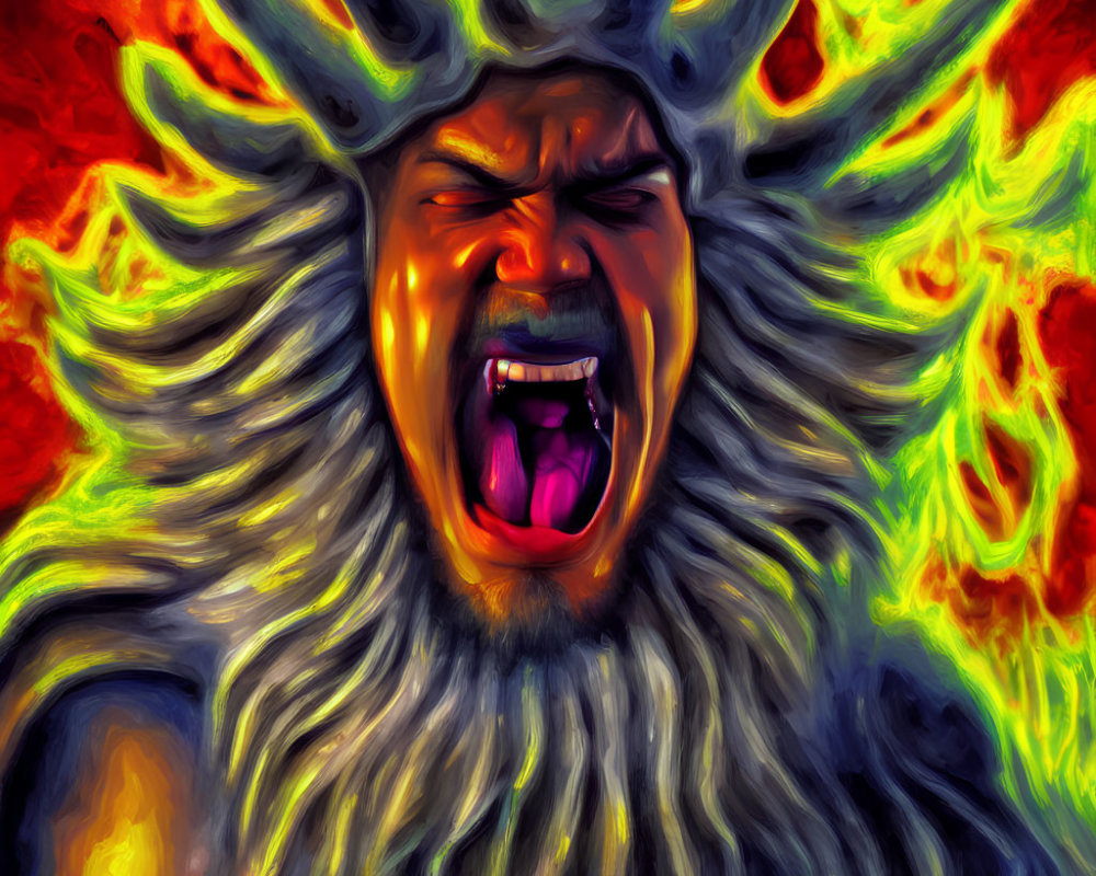 Fiery figure screaming with flames and solar flares in vibrant digital artwork