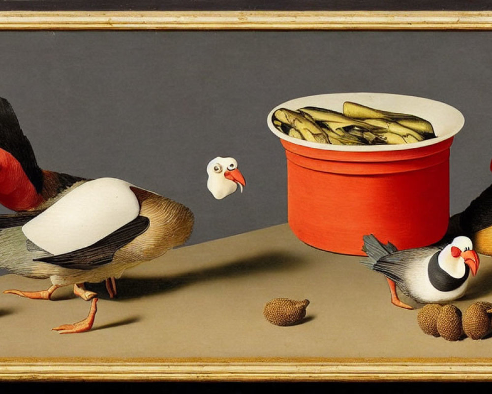 Birds with human-like expressions near red fish bucket and acorns.