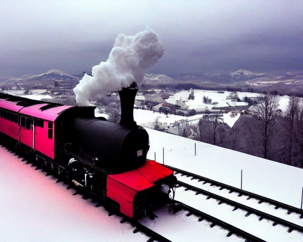 Red train with white smoke in snowy landscape.