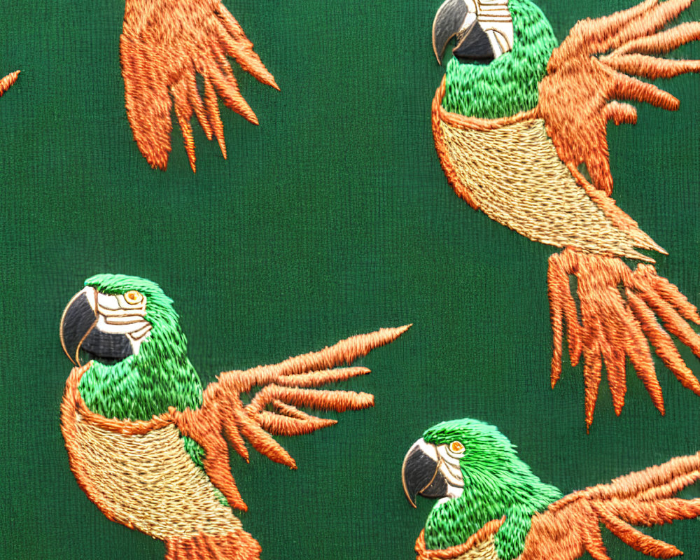 Colorful Parrots with Spread Wings Embroidered on Green Fabric