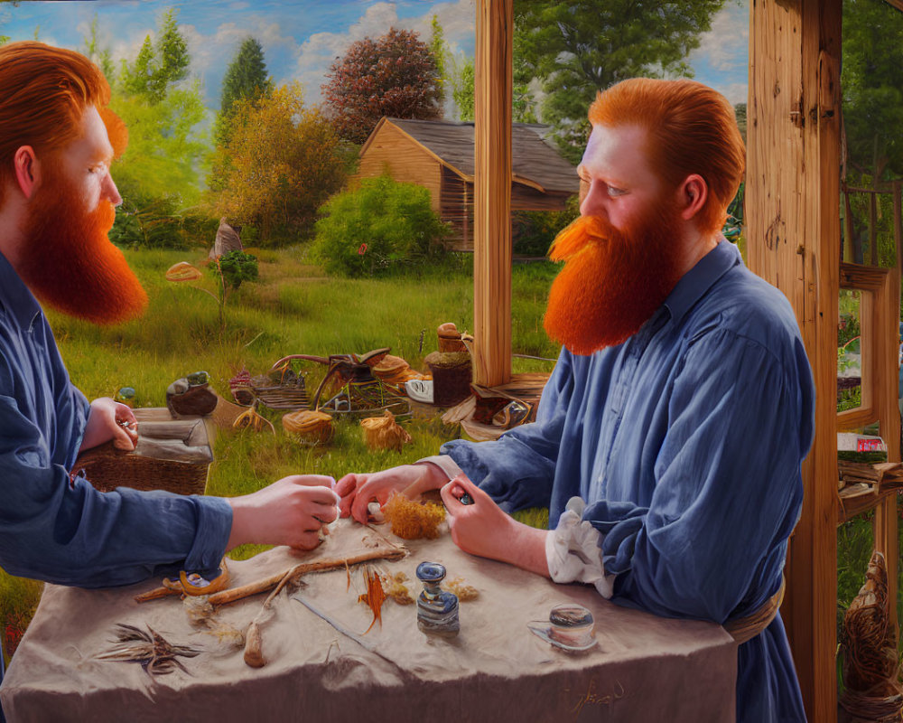Bearded men crafting at table in serene countryside