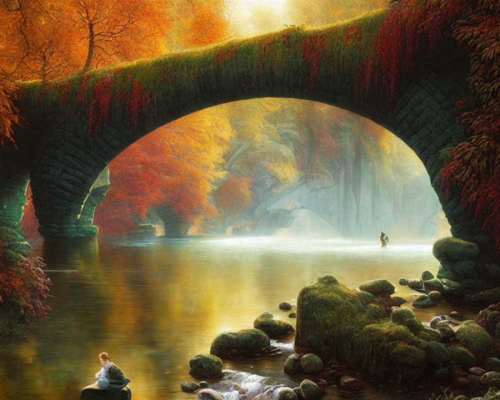 Ethereal autumn scene: stone bridge, misty river, golden foliage, two figures.