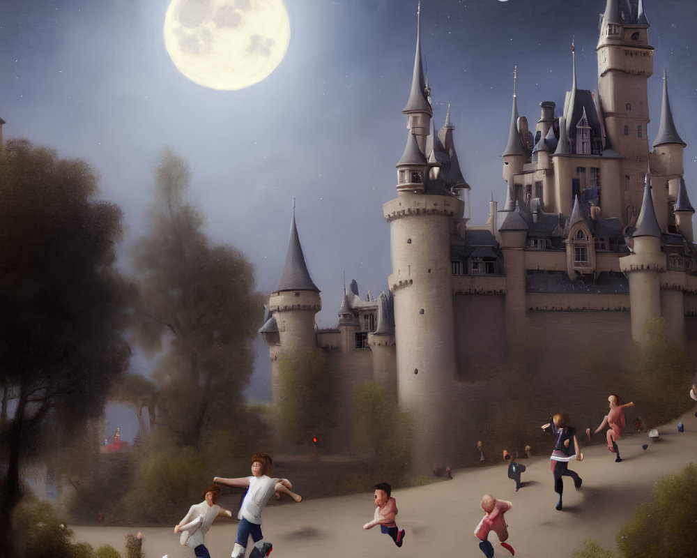 Majestic castle under full moon with modern figures running towards viewer