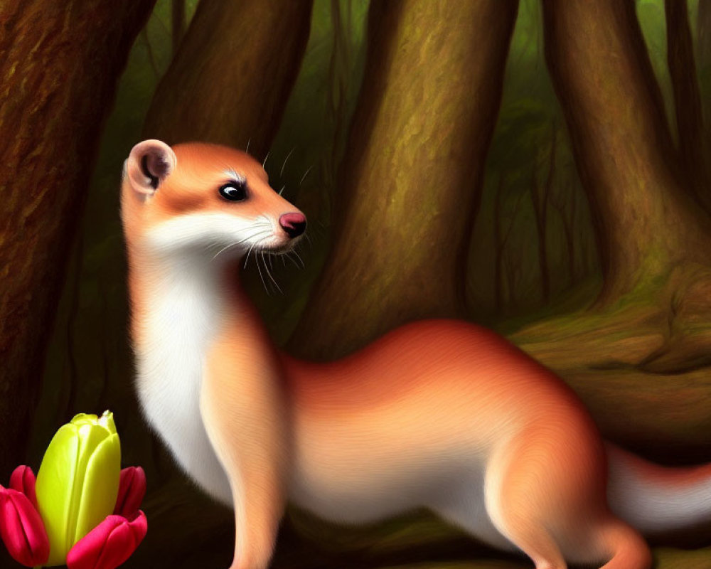 Alert weasel with warm brown fur in forest setting with red tulips