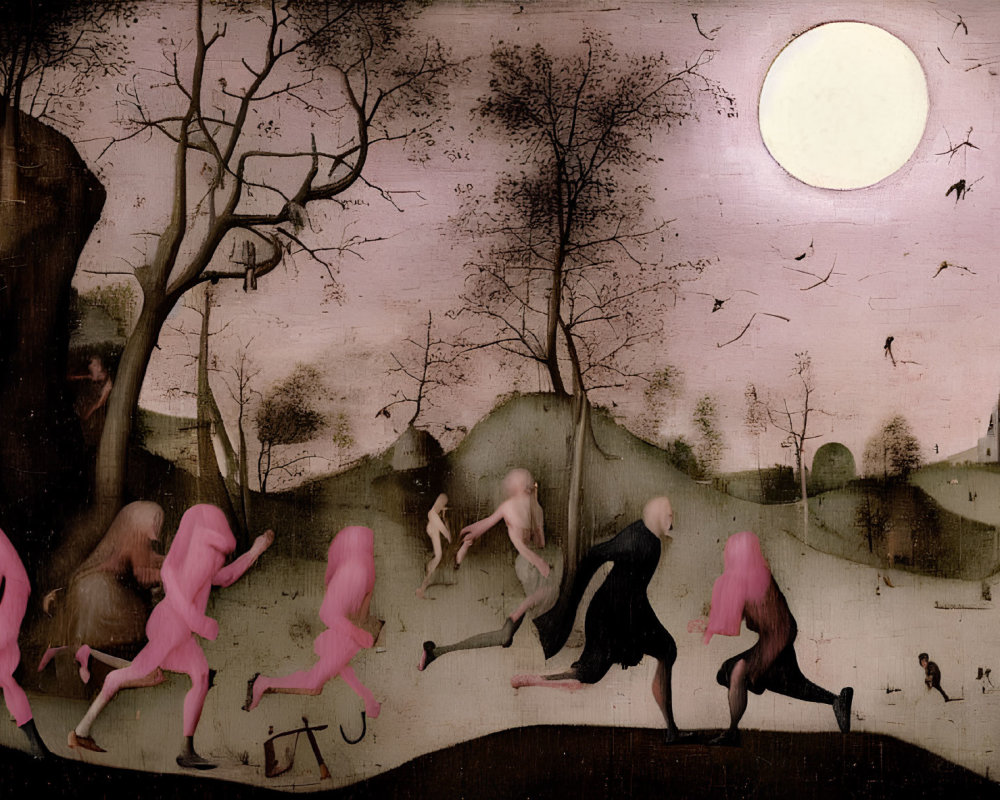 Surreal painting: Pink figures running to castle under large moon