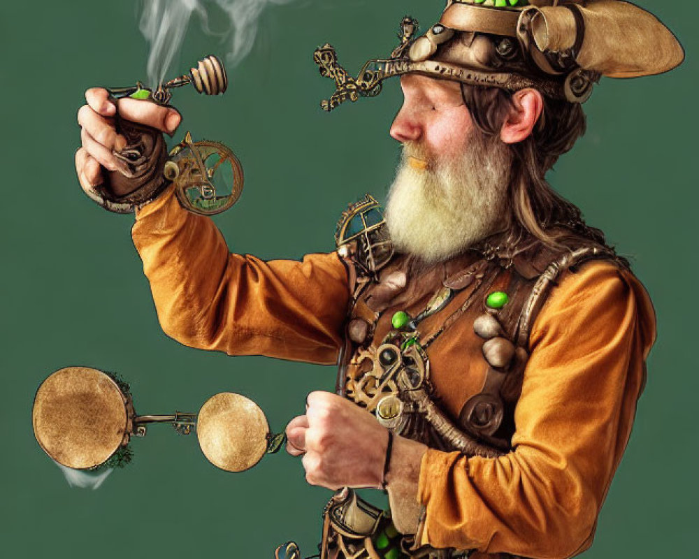 Steampunk-themed man with hat and goggles holding smoking device among gears and orbs