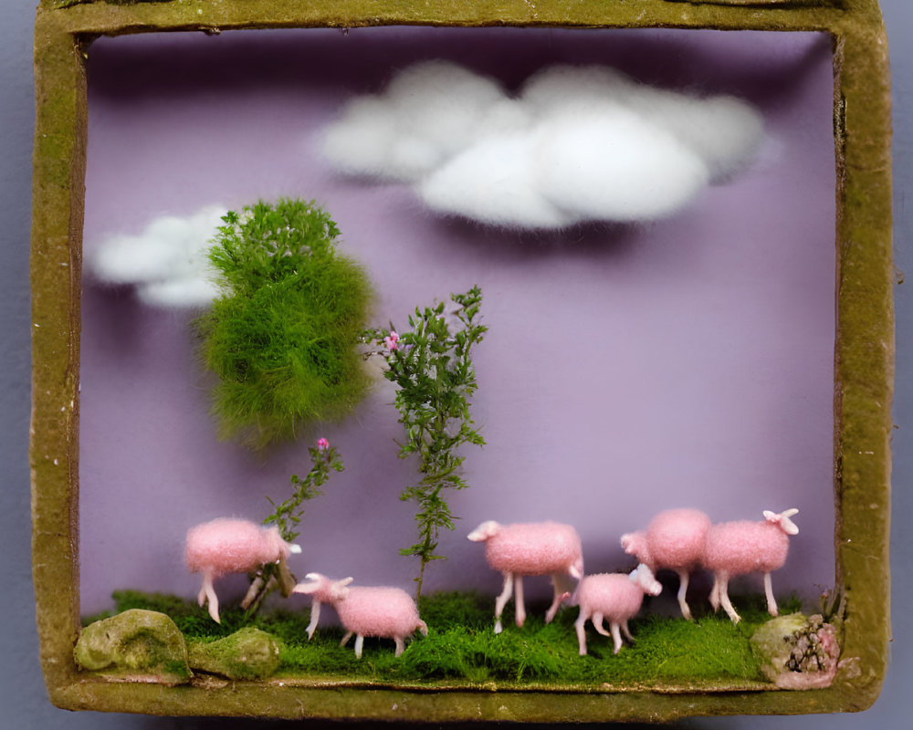 Pink sheep, greenery, clouds on purple backdrop in rustic frame