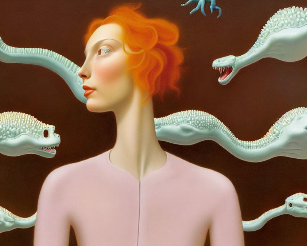 Surreal portrait: Woman with red hair and floating alligator heads on reddish-brown background