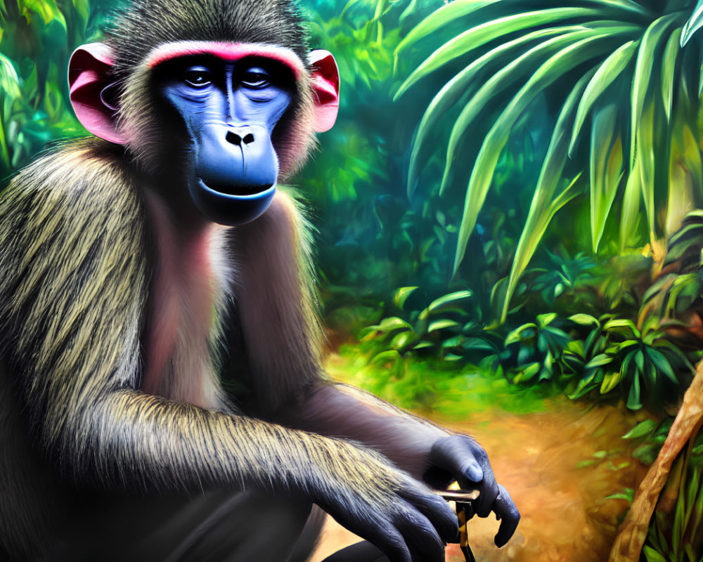 Vibrant digital painting of a mandrill in lush jungle