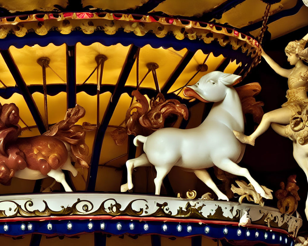 Ornate Carousel Close-Up with Golden and White Horses