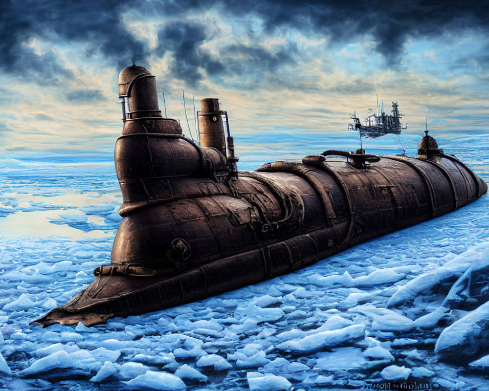 Digital artwork: Vintage submarine surfacing through ice with dramatic skies.