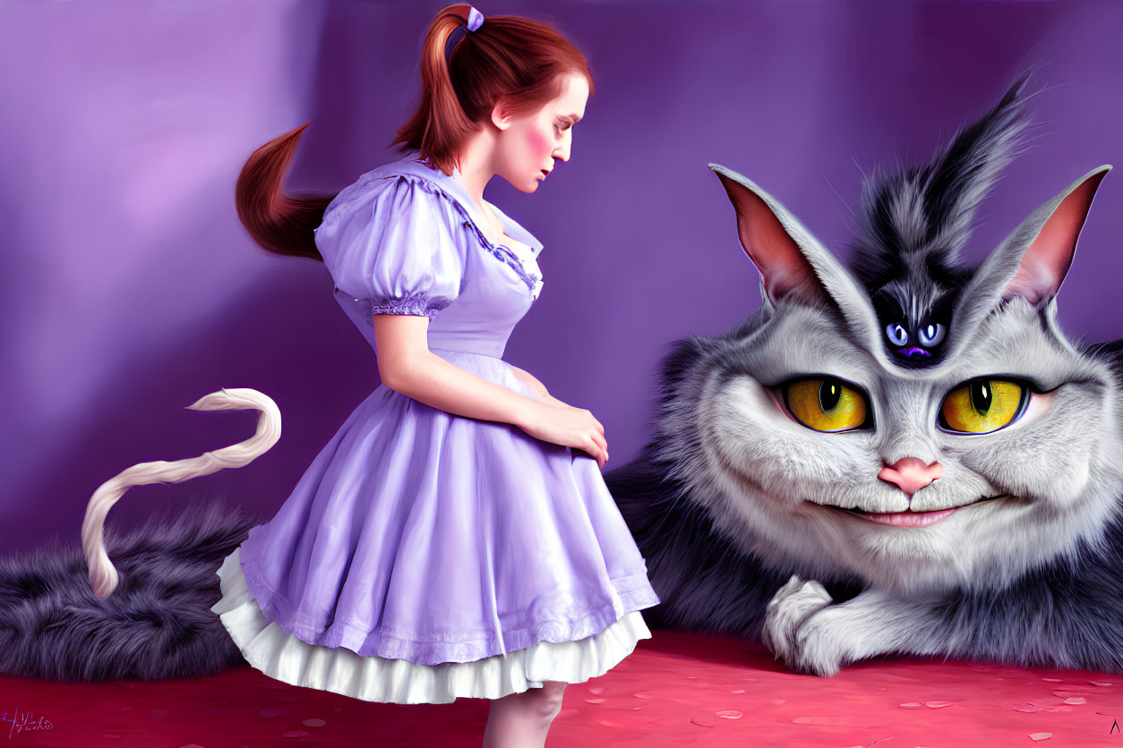 Whimsical cat with yellow eyes and girl in purple dress in purple-themed scene