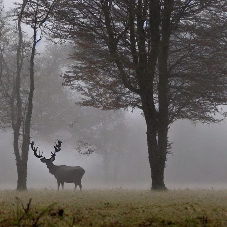Majestic stag in foggy forest clearing
