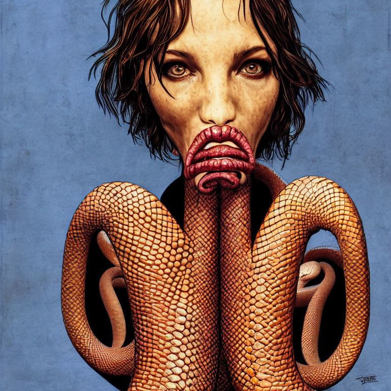 Detailed illustration of woman with striking eyes and lips gripped by orange snakes on blue background