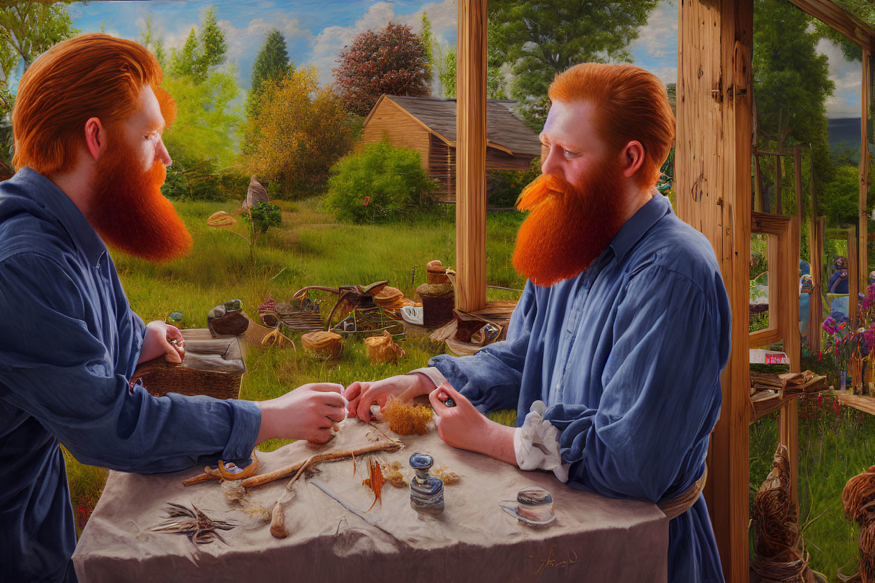 Bearded men crafting at table in serene countryside