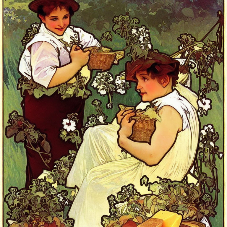 Vintage-clad women caring for white flowers in garden