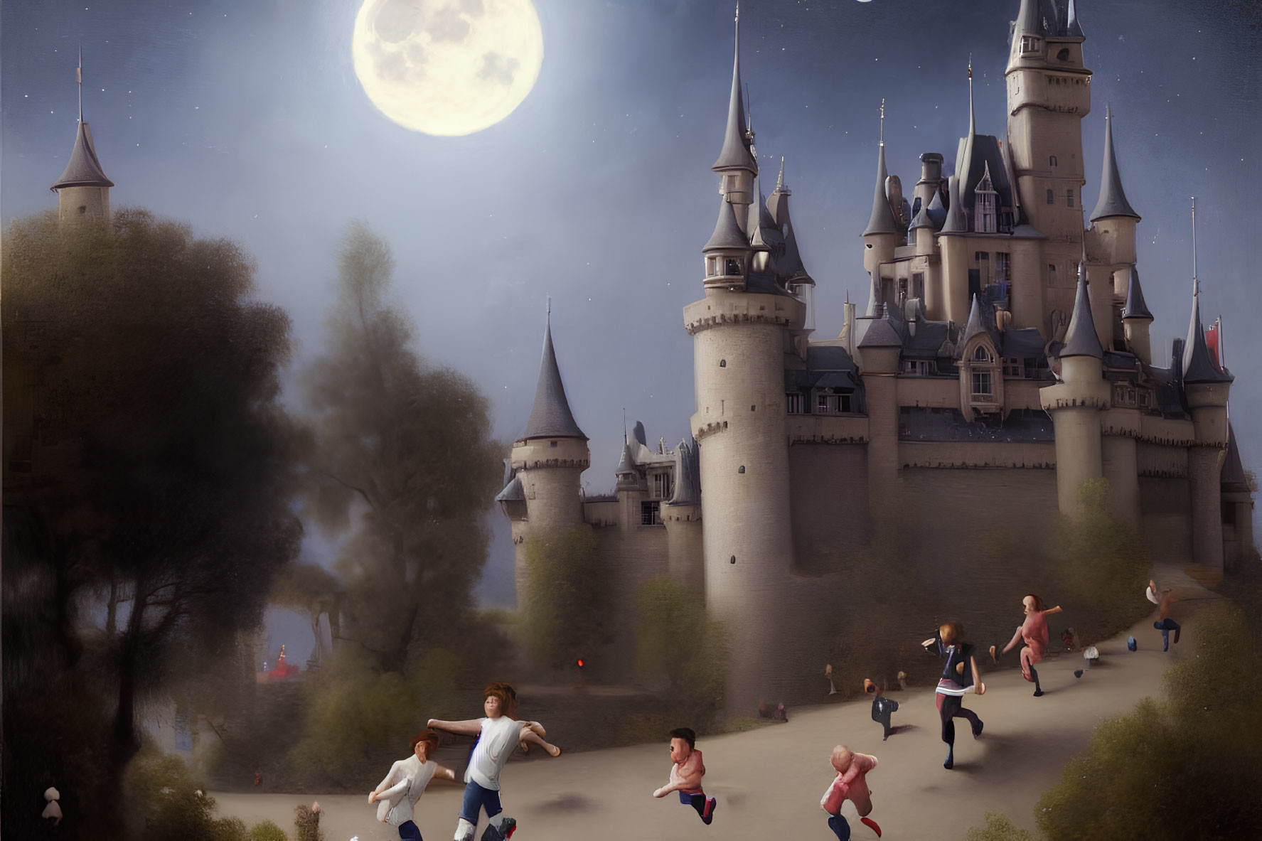 Majestic castle under full moon with modern figures running towards viewer