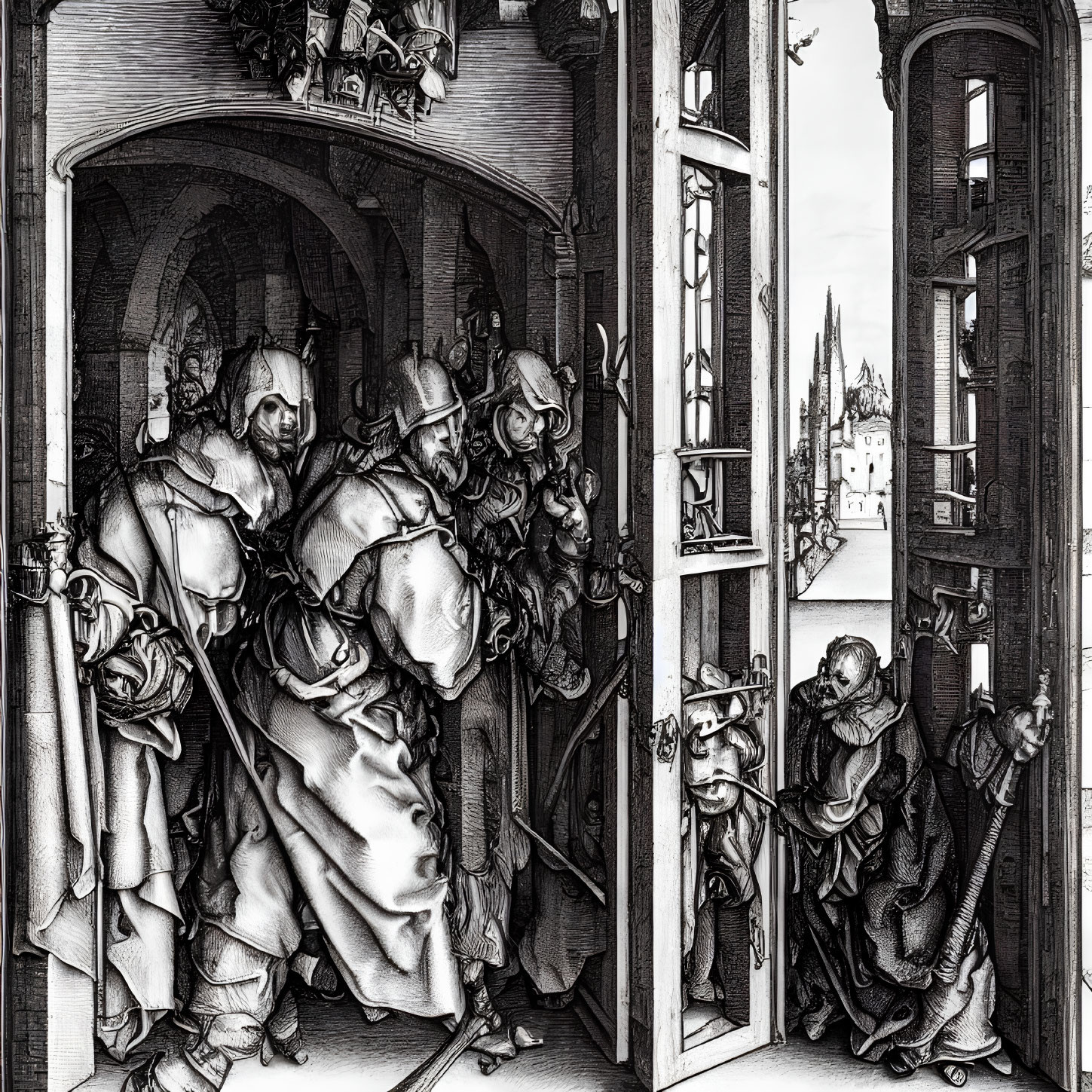 Intricate black and white engraving of armored knights in archway