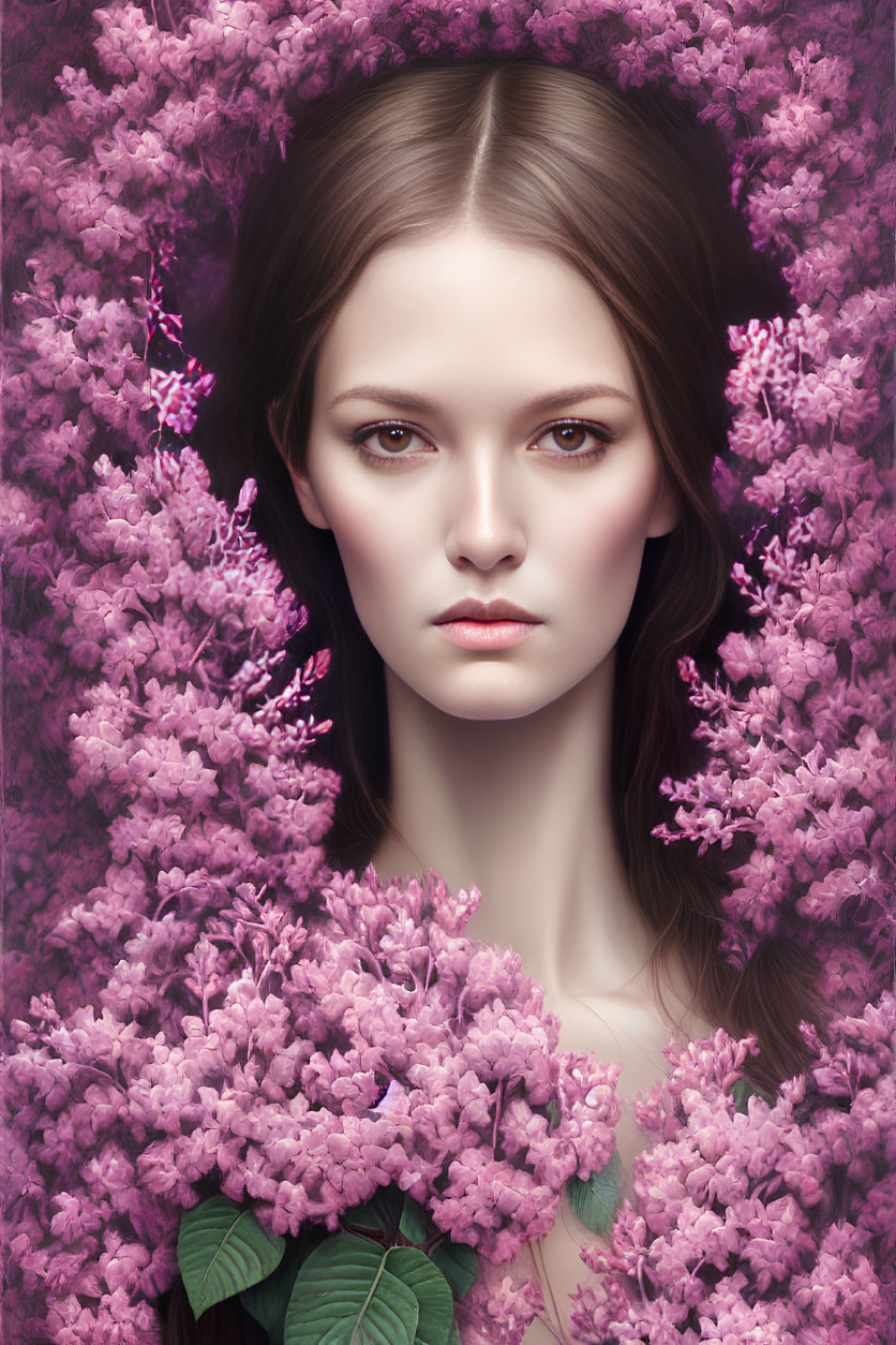 Brown-haired woman surrounded by pink lilac flowers on purple background