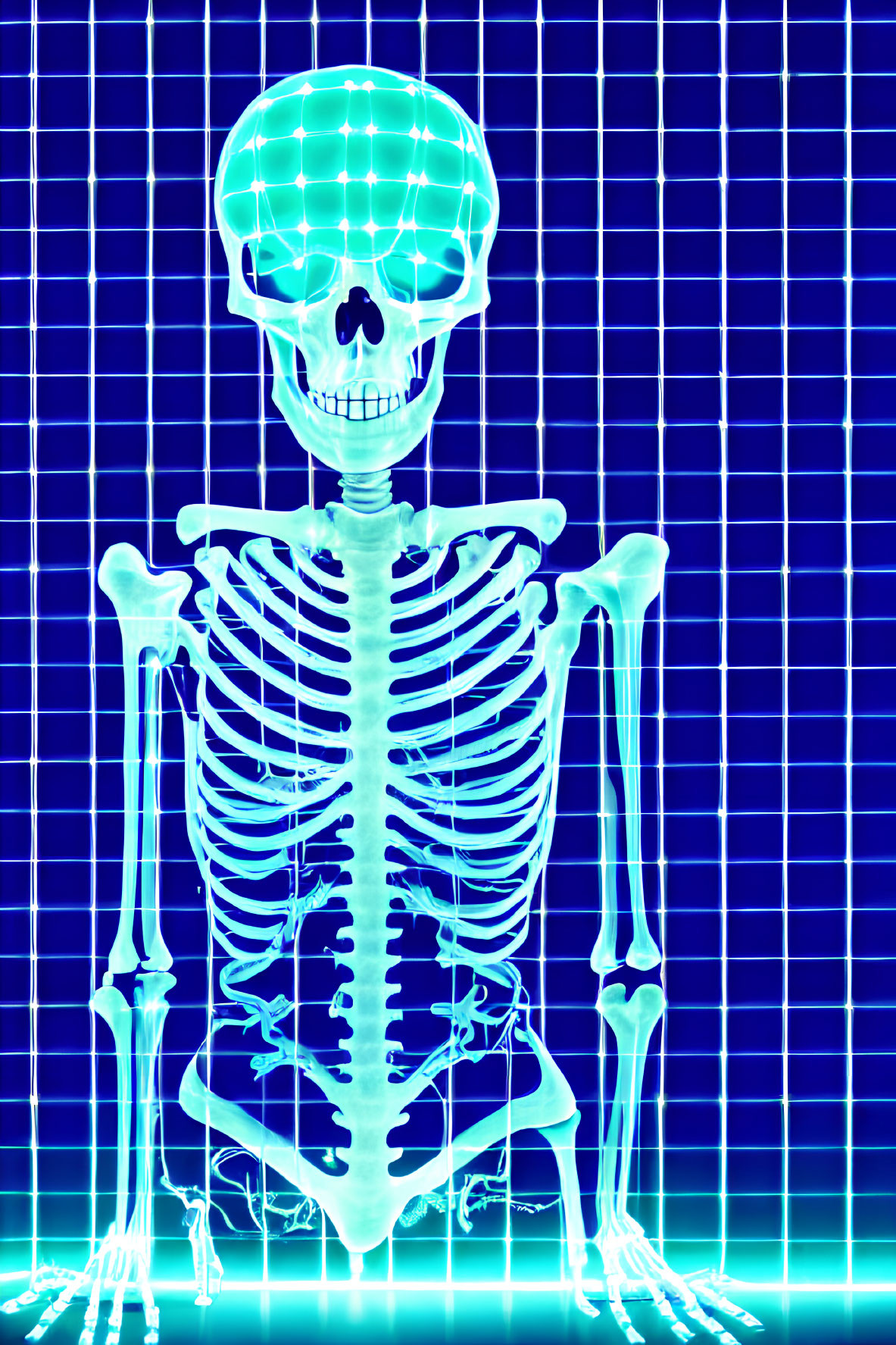Digital illustration: Human skeleton in glowing blue hue on grid background