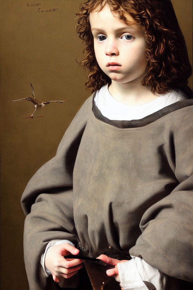 Portrait of young child in monk's robe with curly hair, contemplating with hummingbird, plain background