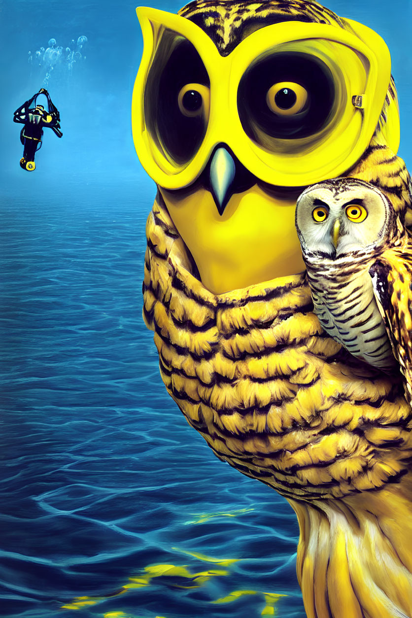 Cartoonish owl with yellow glasses and realistic owl on water with diver in the background