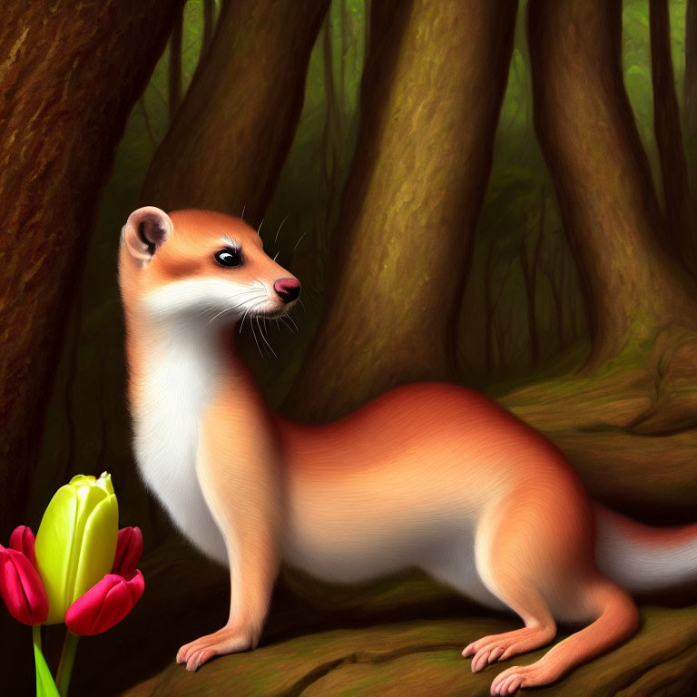 Alert weasel with warm brown fur in forest setting with red tulips