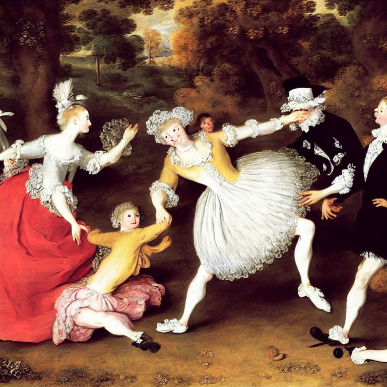 Baroque-Era Painting of Elegantly Dressed Individuals Dancing in Pastoral Landscape