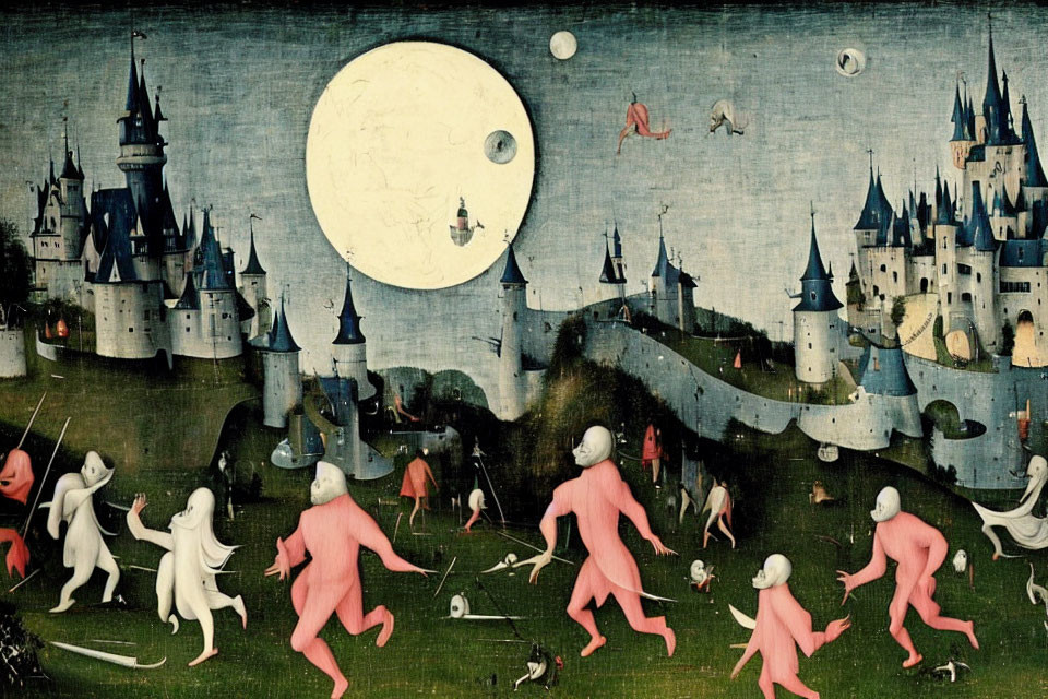 Surreal anthropomorphic figures in mystical cityscape under large moon