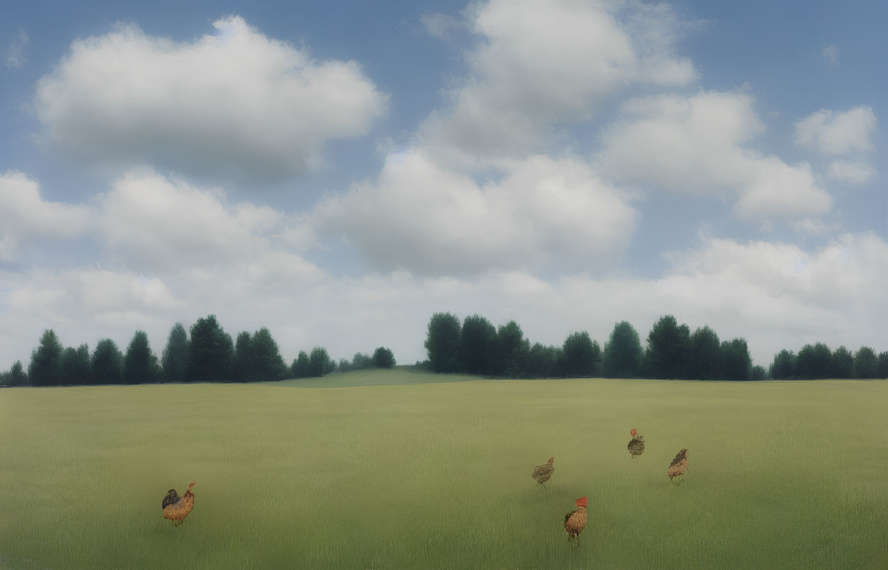 Tranquil landscape with fluffy clouds, chickens in green field