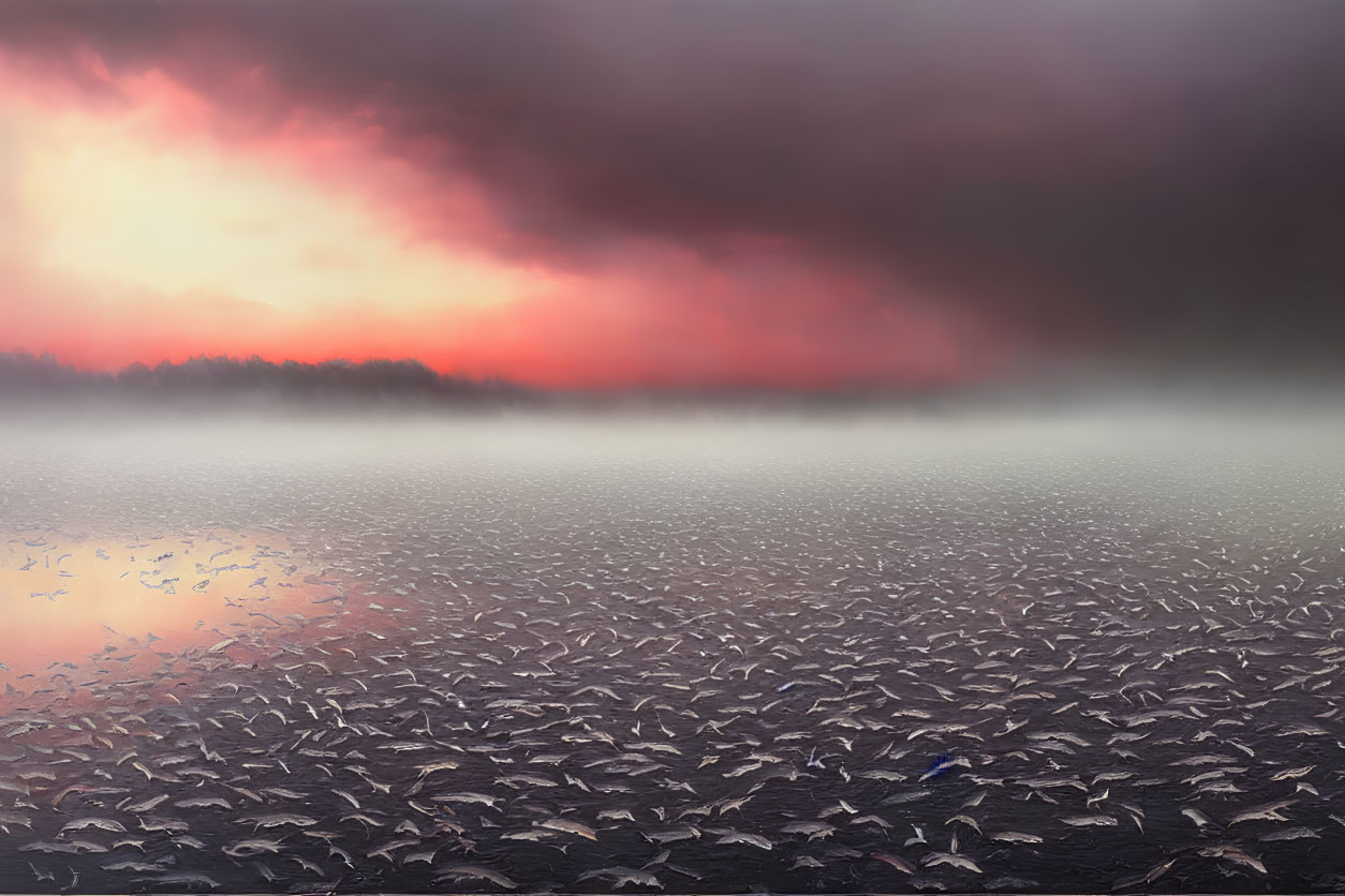 Dramatic Red and Gray Sky Over Misty Landscape with Birds and Water