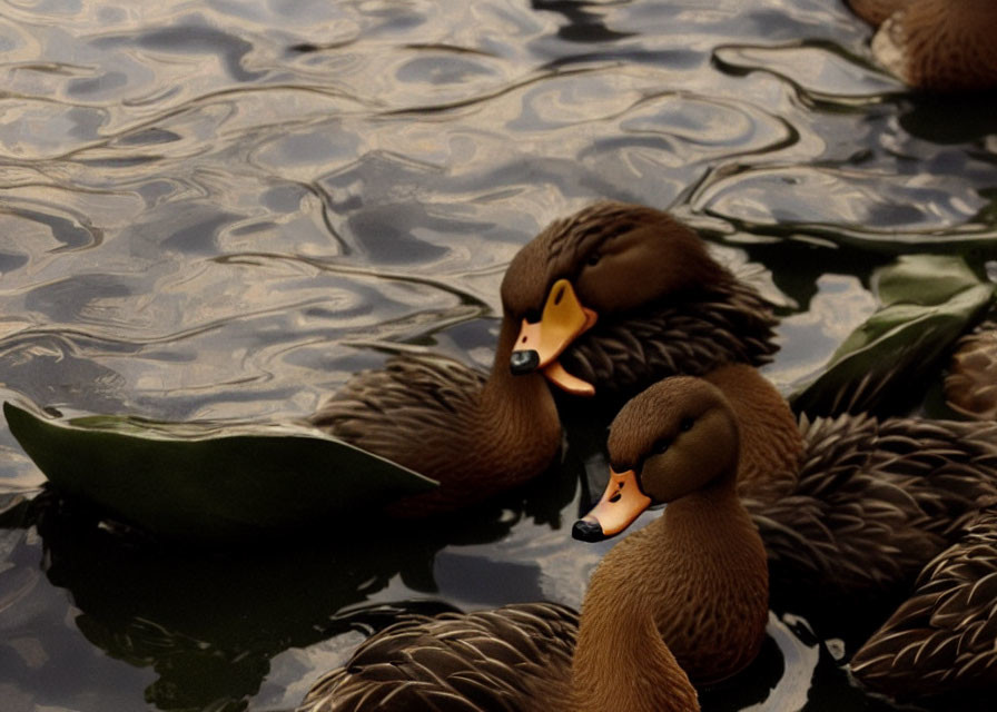 Brown ducks with distinctive markings on rippling lake water at golden hour