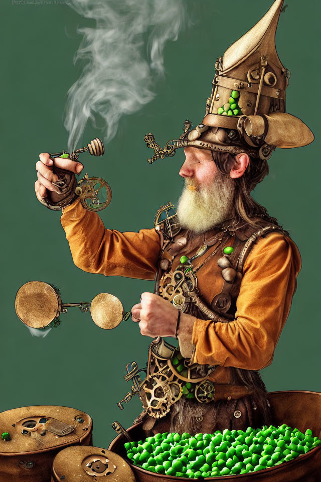 Steampunk-themed man with hat and goggles holding smoking device among gears and orbs