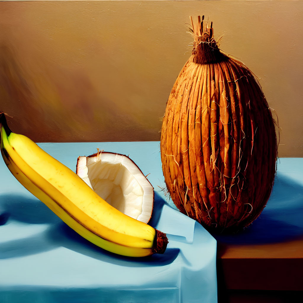 Ripe banana and half coconut on blue cloth table
