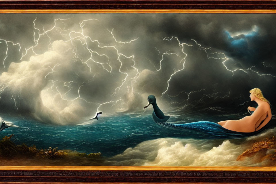 Surreal painting: Mermaid and dolphin in stormy ocean