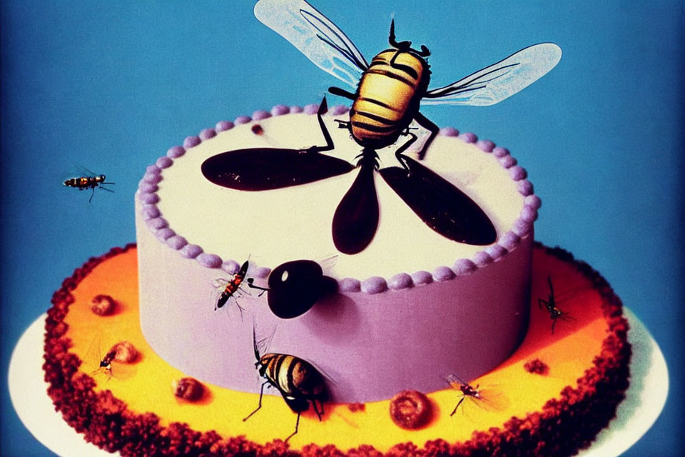 Stylized image of oversized bees on a frosted cake