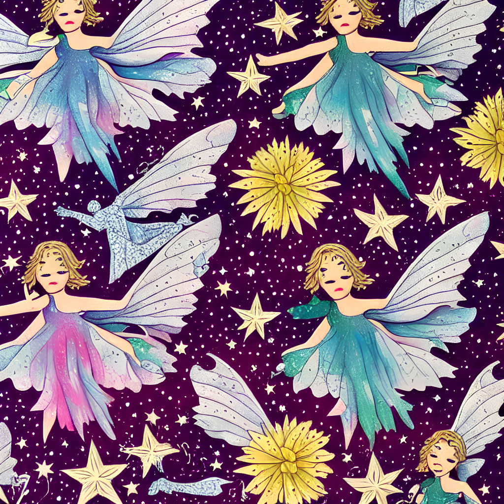 Illustrated fairies, dandelions, stars, and comets on purple background