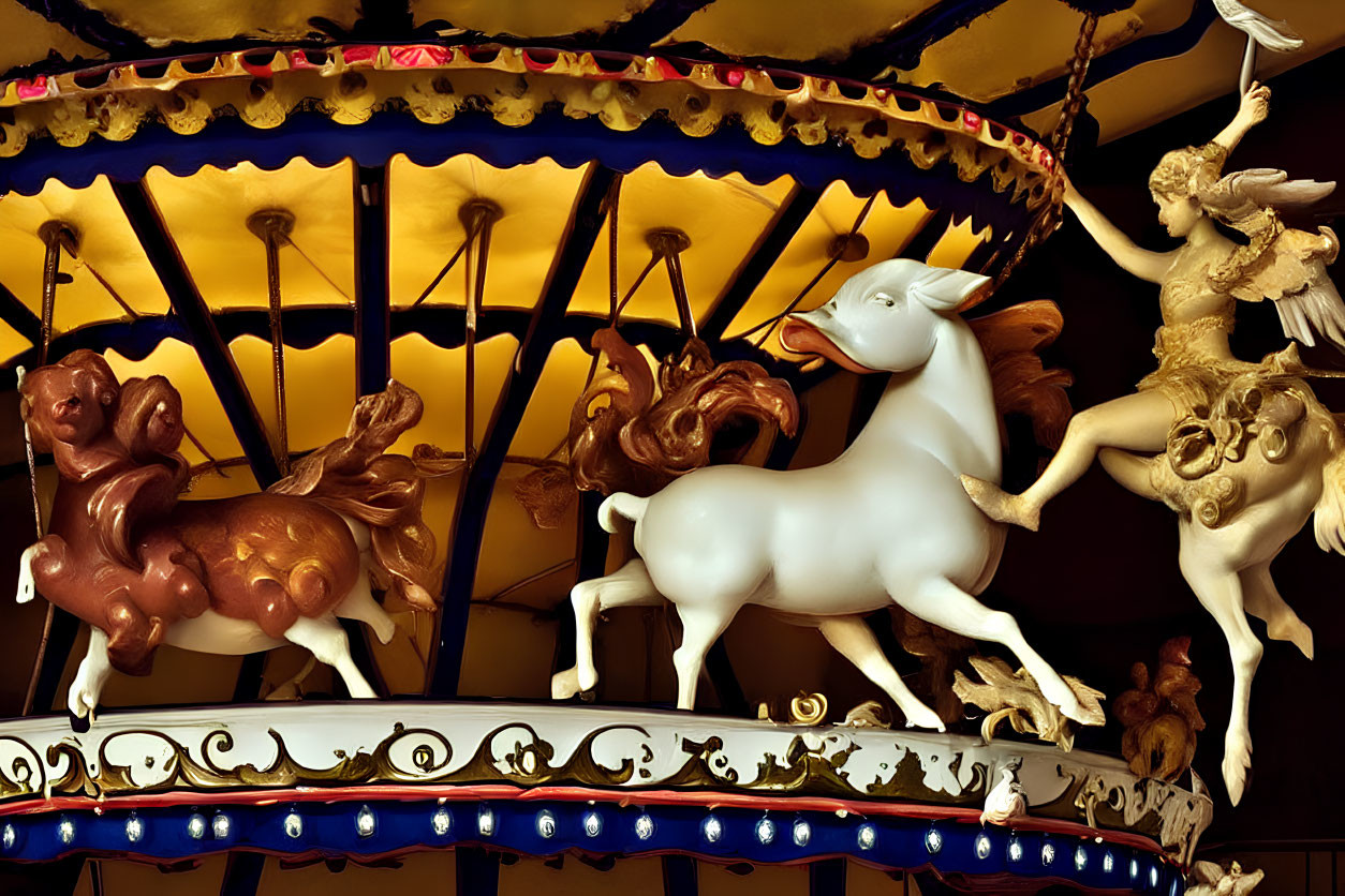 Ornate Carousel Close-Up with Golden and White Horses