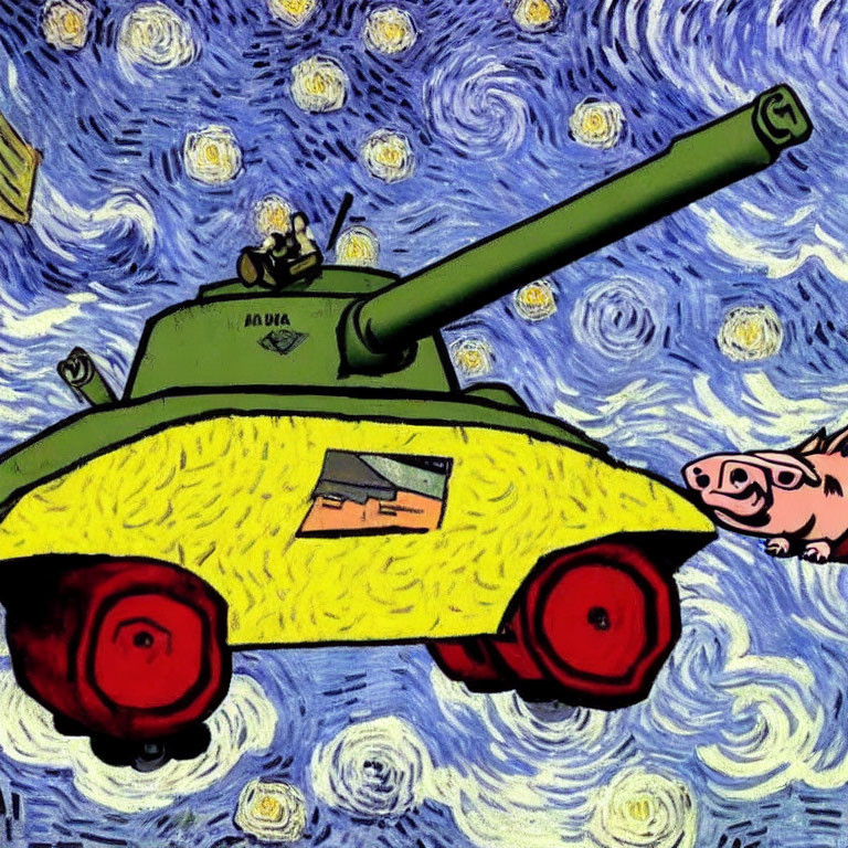 Colorful Tank and Flying Pig in Starry Night-Inspired Cartoon Scene