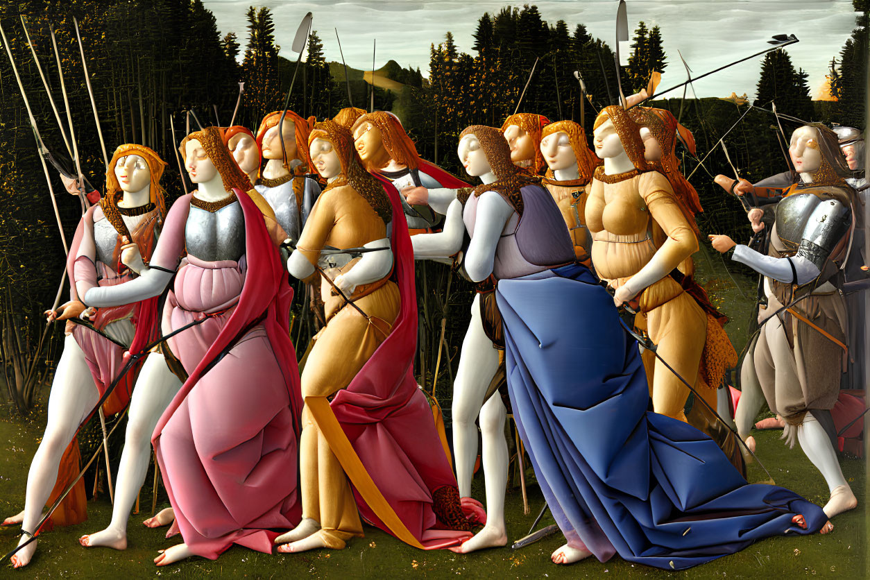 Renaissance painting of female figures with bows in wooded landscape