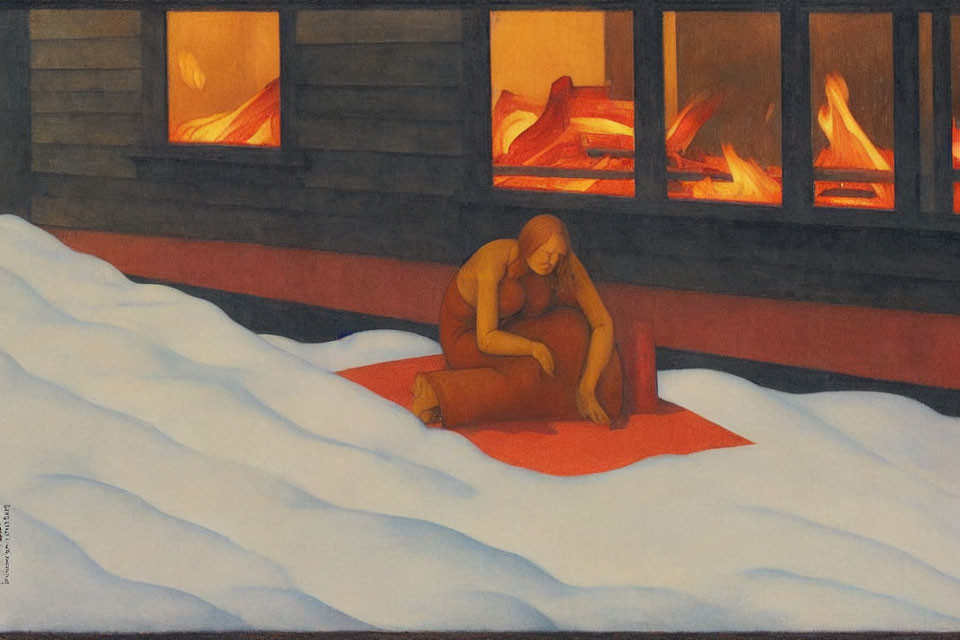 Person sitting on red mat in snow by glowing firelight structure