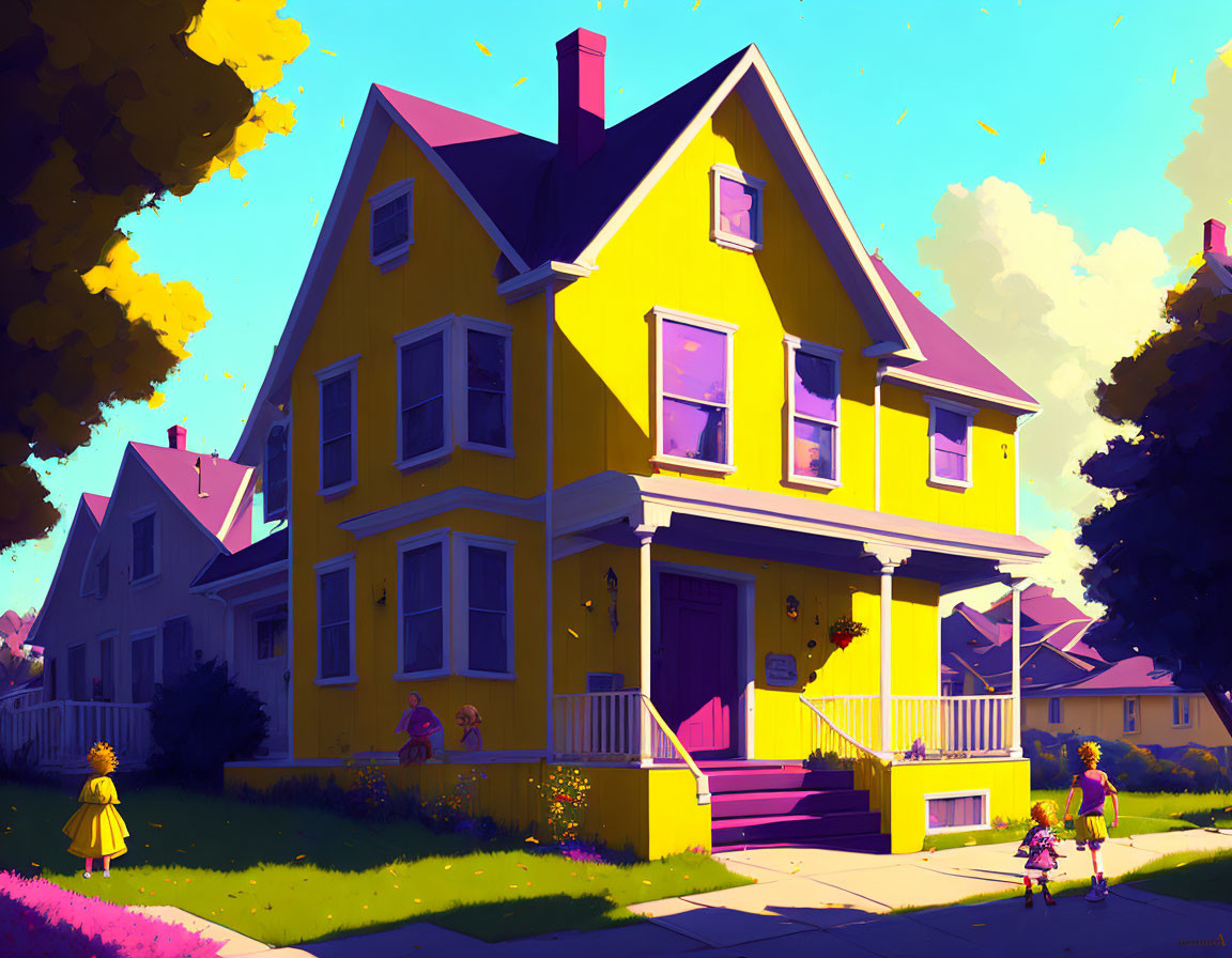 Colorful illustration of yellow two-story house with pink door, people, and dog under blue sky