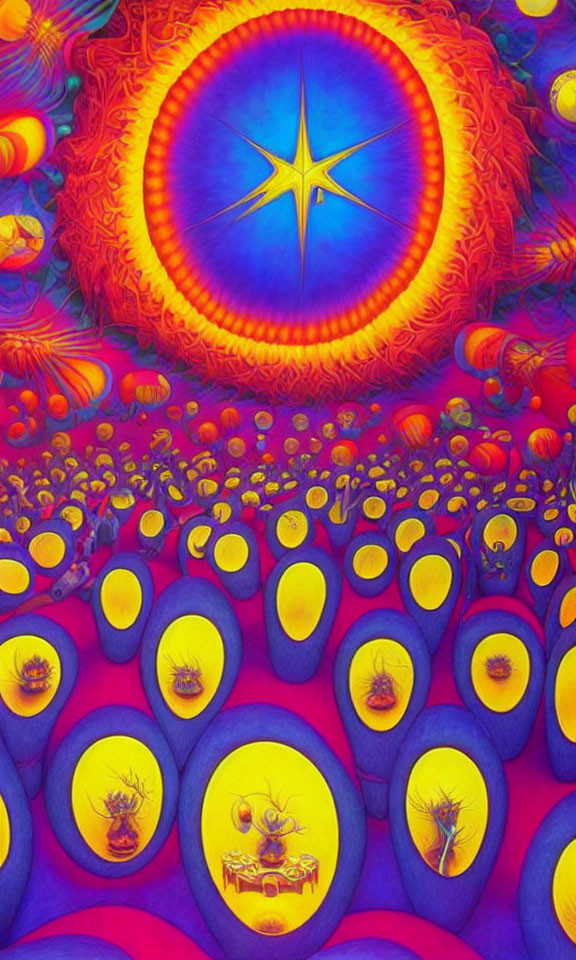 Colorful Psychedelic Artwork Featuring Yellow and Orange Orbs on Red and Blue Background