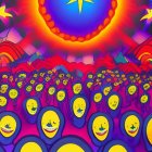 Colorful Psychedelic Artwork Featuring Yellow and Orange Orbs on Red and Blue Background