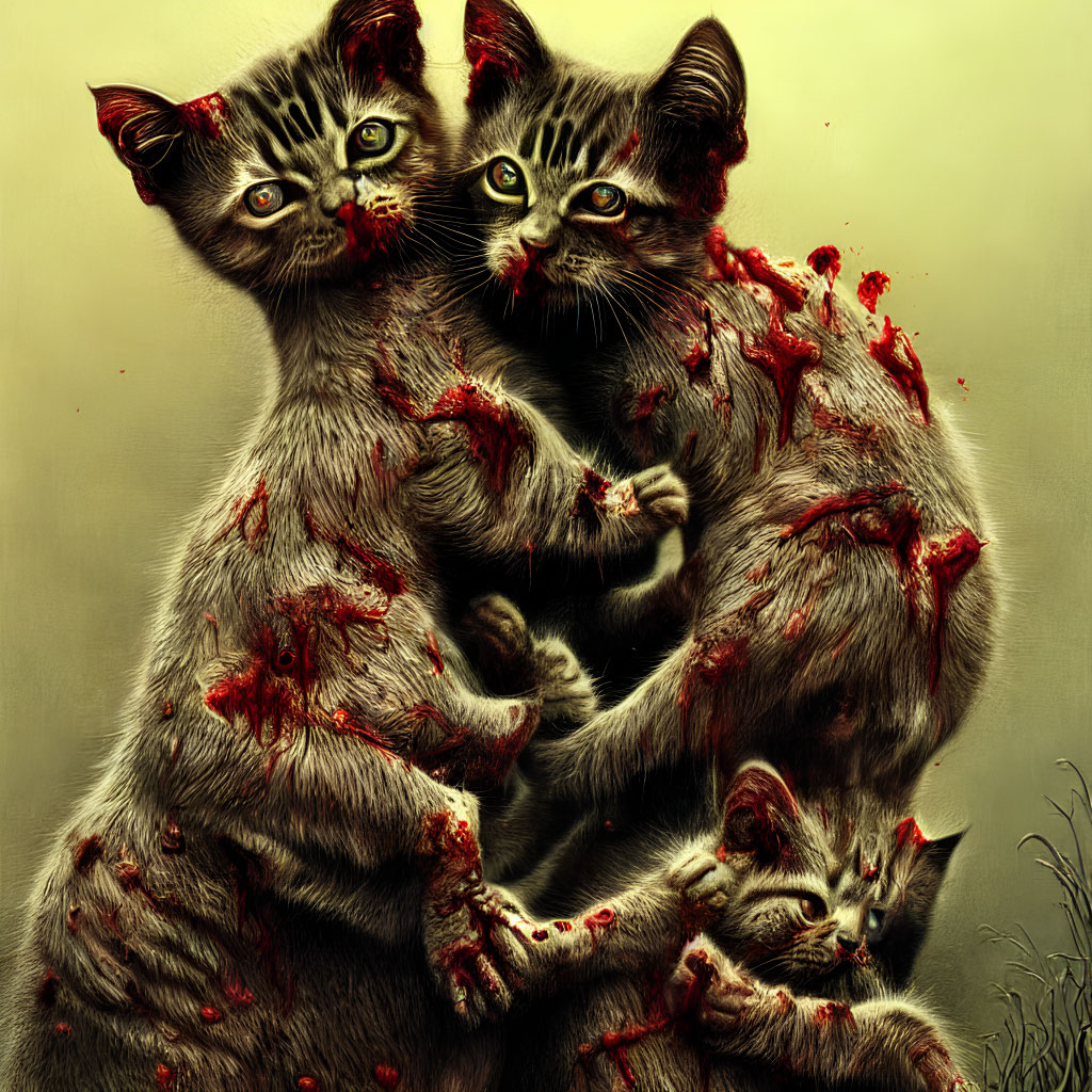 Three cats with unsettling expressions in red splattered scene
